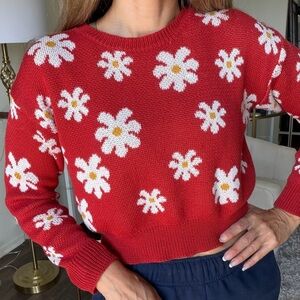 Aster Floral Daisies Crewneck Red White Knit Casual Crop Sweater Cardigan Top S